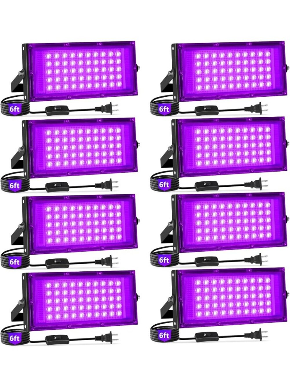 50W Waterproof LED Black Lights with Switch & Plug - 8 Pack for Parties & Events